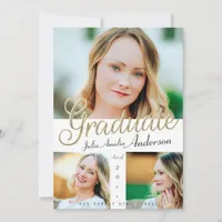 Trendy Gold Script Overlay Three Photo Graduation Announcement