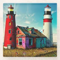 Colorful Abandoned Lighthouses on a Beach Glass Coaster