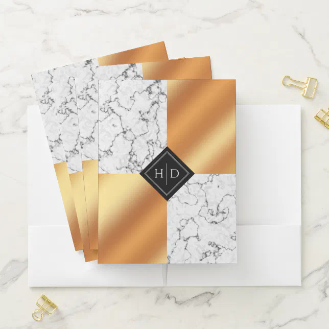 Elegant Marble & Copper Foil Monogram Wedding Pocket Folder