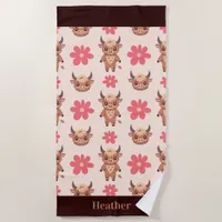 Cute Highland Cows and Flowers Pink and Brown  Beach Towel