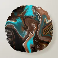 Brown and Blue Teal Marble Fluid Art  Round Pillow