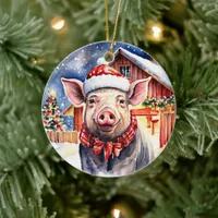 Cute Rustic Christmas Pig and Barn Personalized Ceramic Ornament