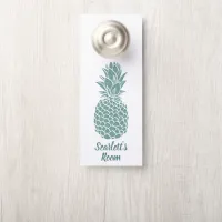 Girly Trendy Teal Glitter Pineapple Name Door Hanger