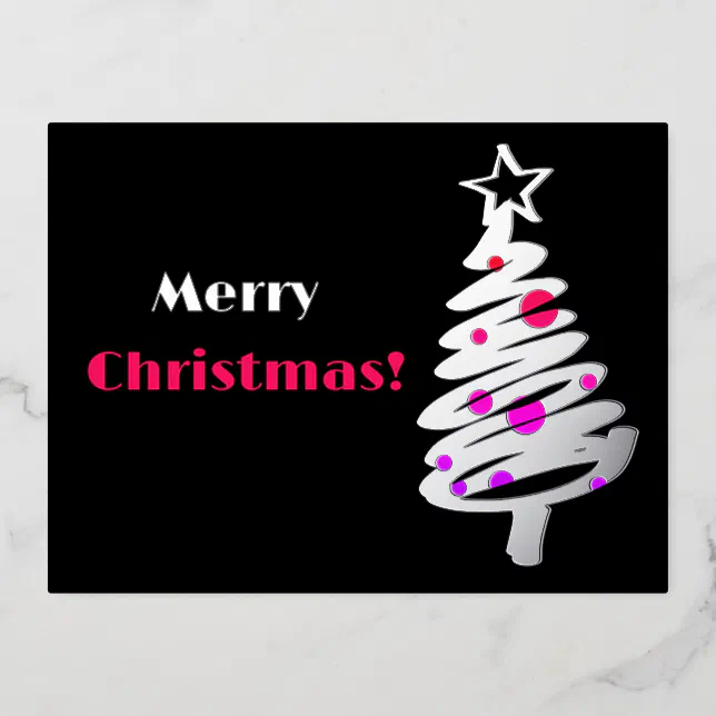 Simplistic silver christmas tree black bg foil holiday postcard