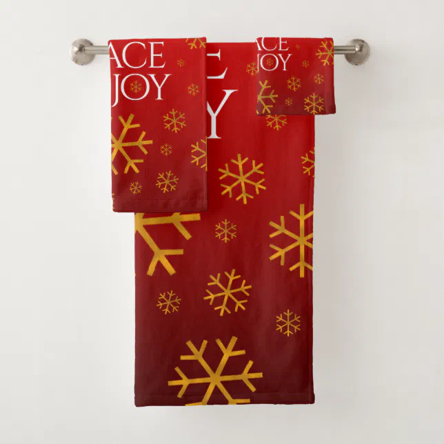 Festive Red Love, Peace, and Joy with Snowflakes Bath Towel Set