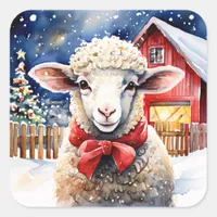 Pretty Watercolor Christmas Sheep and Rustic Barn Square Sticker