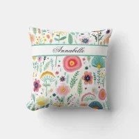 Whimsical Flower Garden on White Throw Pillow