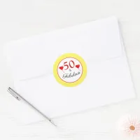 50 & Fabulous Red 50th Birthday Yellow White Dots Classic Round Sticker