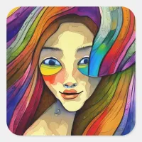 Colorful Abstract Art Pretty Girl Square Sticker