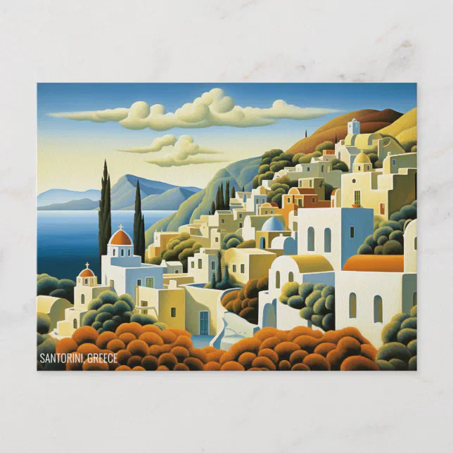 Santorini Island Oil Painting Greece Travel | Art Postcard