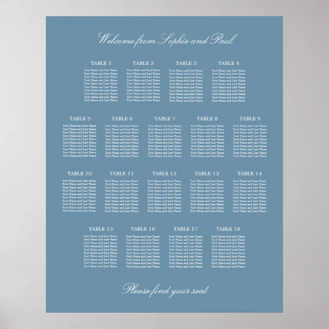 Dusty Blue 18 Table Wedding Seating Chart Poster