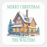 Personalized Snowy Log Cabin Christmas Square Sticker