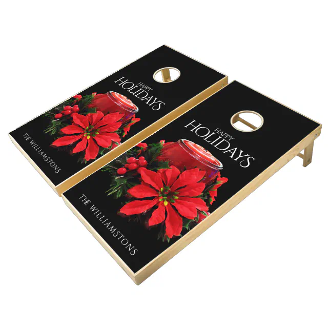 Festive Red Christmas Candle Holly Poinsettias Cornhole Set