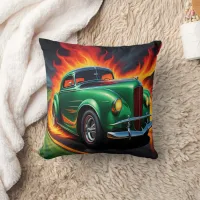 Classic hot rod speeding through fiery landscape throw pillow