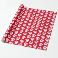 Red White Pet Dog Paw Print Christmas Pattern Wrapping Paper