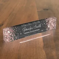 Girly Sparkly Rose Gold Glitter Black Desk Name Plate