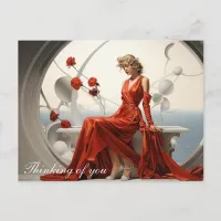 Lady in a red dress in a white room painting postcard