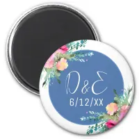 Blue Floral Pink Rosebud Wedding Personalized Magnet