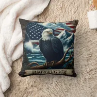 Majestic Eagle Perched With Mountains and Flag Throw Pillow