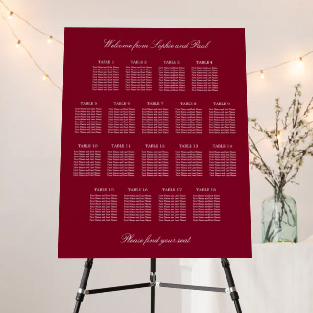 Burgundy 18 Table Wedding Seating Chart Foam Board