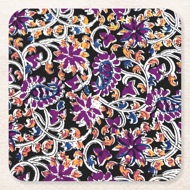 Purple Kalamkari Print Square Paper Coaster
