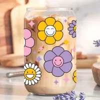 Cute Retro Happy Daisy Flowers Can Glass