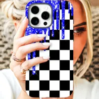 Blue Glitter Drip Checkerboard iPhone 16 Pro Max Case