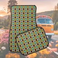 Trendy retro pattern in yellow, blue, brown, white car floor mat