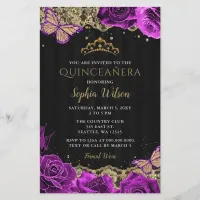  Budget Purple Roses Black Quinceañera Invitation