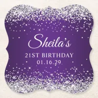 Silver Glitter Royal Purple 21st Birthday Paper Coaster