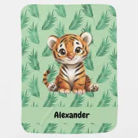 Cute Cartoon Tiger on Tropical Leaves Baby Blanket