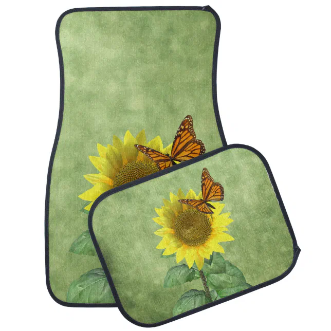 Pretty Yellow Sunflower and Orange Butterfly Car Mat