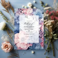 Dusty Blue, Blush Pink and Silver Floral Wedding Invitation