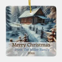 Custom Winter Log Cabin on a Snowy Day Christmas Ceramic Ornament