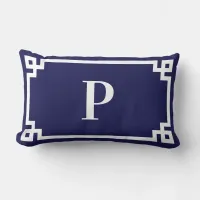 Navy and White Greek Key Border Monogram Lumbar Pillow