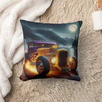 Hot rod at moonlit lake throw pillow