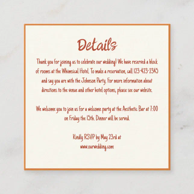 Handwritten Whimsical 70s Border Wedding Details  Enclosure Card