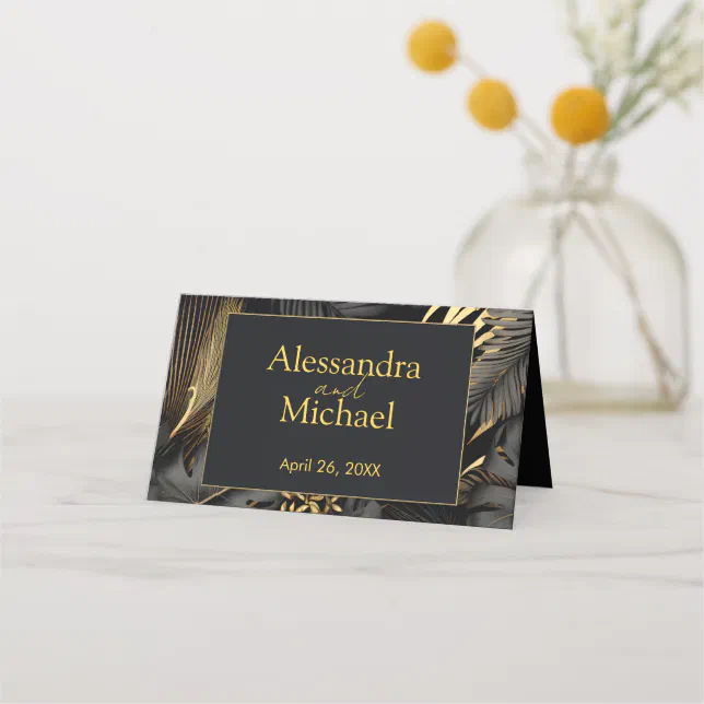 Modern Black Gold Tropical Leaves Wedding Place Card