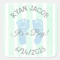Blue Green Its a Boy Footprints Baby Shower Square Sticker