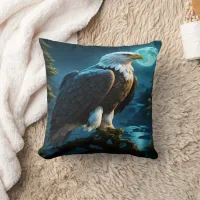 Eagle Perched at Night Under Full Moon Throw Pillow