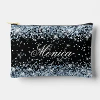 Light Blue Glitter Black Accessory Pouch