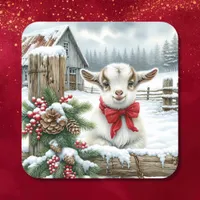 Cute Festive Baby Goat on the Farm Christmas Square Sticker