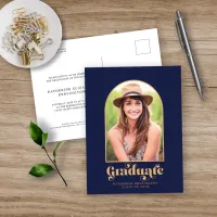 Modern Navy Blue Gold Arch Photo Graduation Party Announcement Postcard