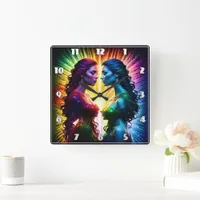 Colorful Twins Embracing Light at Night Square Wall Clock