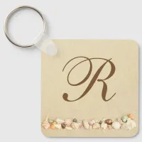 Row of Seashells on Beach Sand with Monogram Keychain