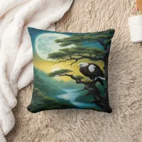 Eagle Perched on Tree Branch Under Full Moon Throw Pillow