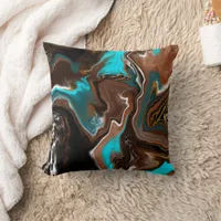 Brown and Blue Teal Marble Fluid Art Throw Pillow