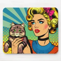 Cartoon Comic Pop Art Women Holding Cat Mouse Pad