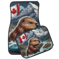 Canadian Beaver Collecting Sticks Near Mountains Car Floor Mat