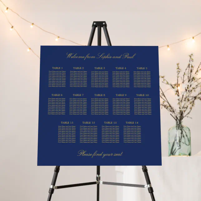 Navy Blue Golden Beige 14 Table Seating Chart Foam Board